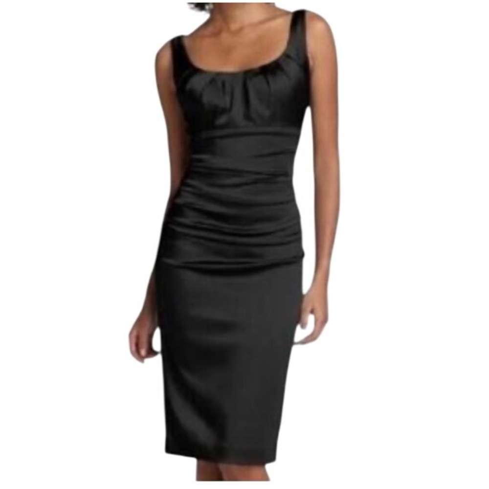 Suzi Chin for Maggy Boutique Black Satin Ruched Cocktail Dress Womens 8‎ NWT
